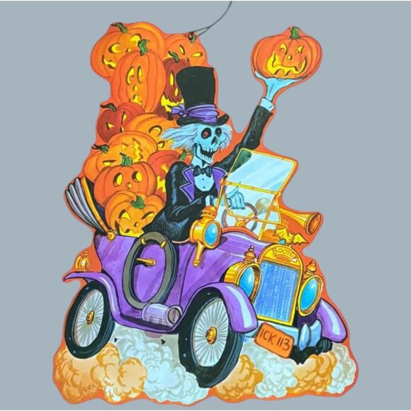 Vintage Halloween Skeleton Car Die-Cut BOO Horn Pumpkins 17" Double-Sided - Picture 1 of 4